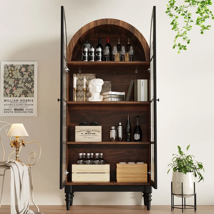 Hoher Bogen-Aufbewahrungsschrank, freistehende hohe Bogen-Aufbewahrungstür für Küche und Wohnzimmer,Küchenschrank, Aufbewahrungsschrank,Vitrine mit Glastüren,Schrank mit Holzmaserung, 2 Schränke – Bild 2