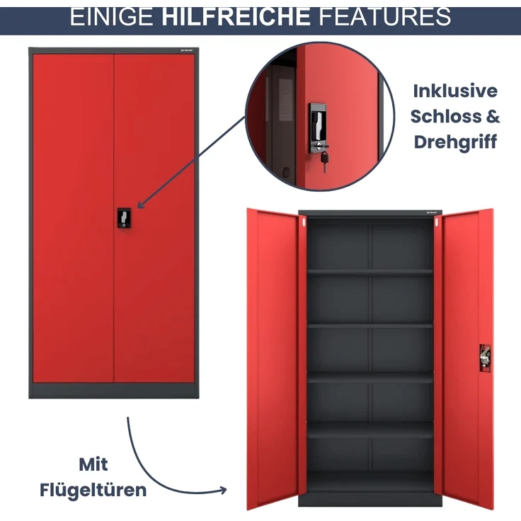 MegaDeal 4x Aktenschrank abschließbar KADO - 5 Ebenen verstellbar, Flügeltüren | Metallschrank Werkstatt Mehrzweckschrank Büroschrank aus Stahl Werkzeugschrank, 185x90x40cm Anthrazit-Rot – Bild 5