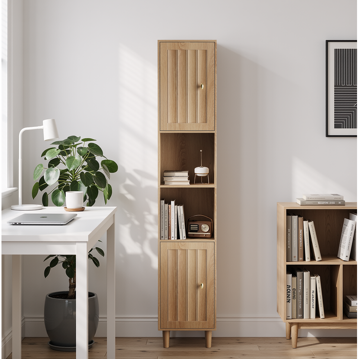 Badezimmer-Hochschrank 32 x 30 x 169 cm in Eichenoptik mit offenen Regalen und Doppeltür – Bild 3