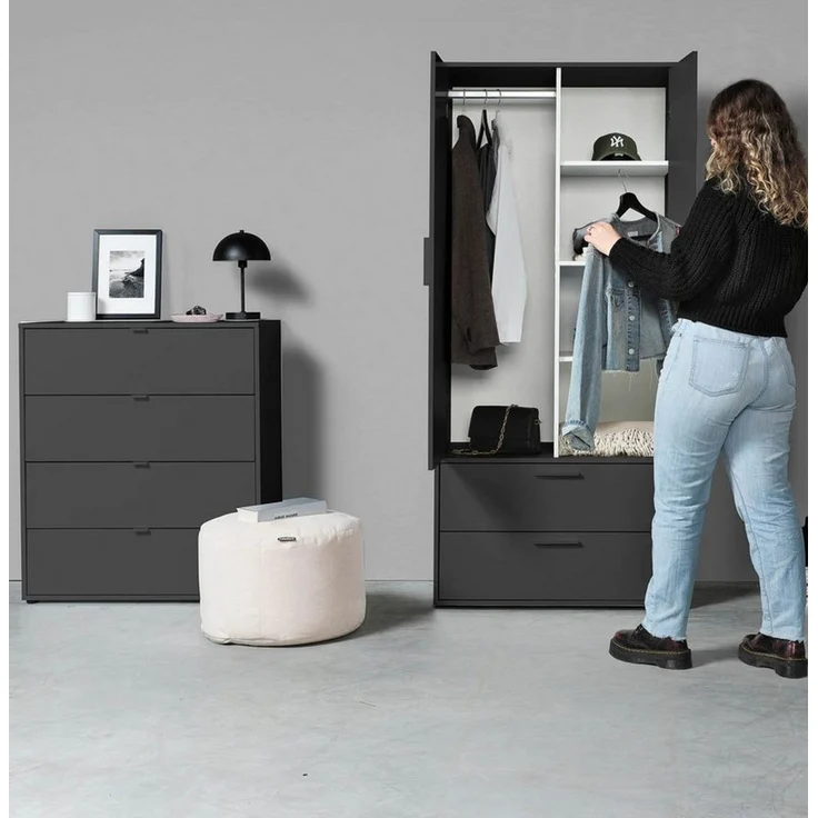 mokebo Kleiderschrank Der Kleiderheld (80x180x51 cm, 2-türig, 2 Schubladen & 4 Fächer) Garderobenschrank, Schlafzimmerschrank oder Schrank in Schwarz – Bild 3