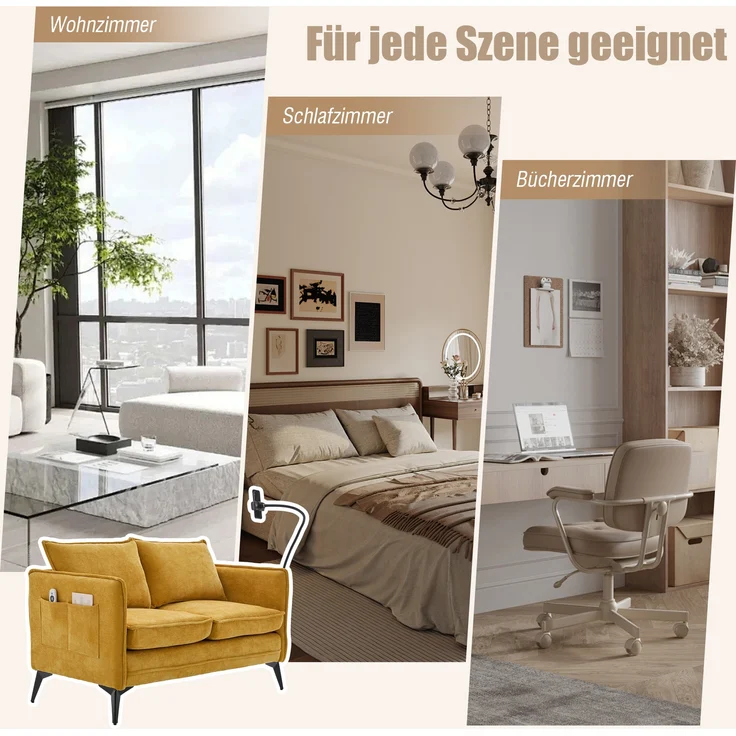 LVHOM 2-Sitzer Sofa mit Handyhalter und USB, Doppelsofa mit Seitentaschen, Polstersofa Zweisitzer mit Chenille Bezug, Gelb – Bild 5