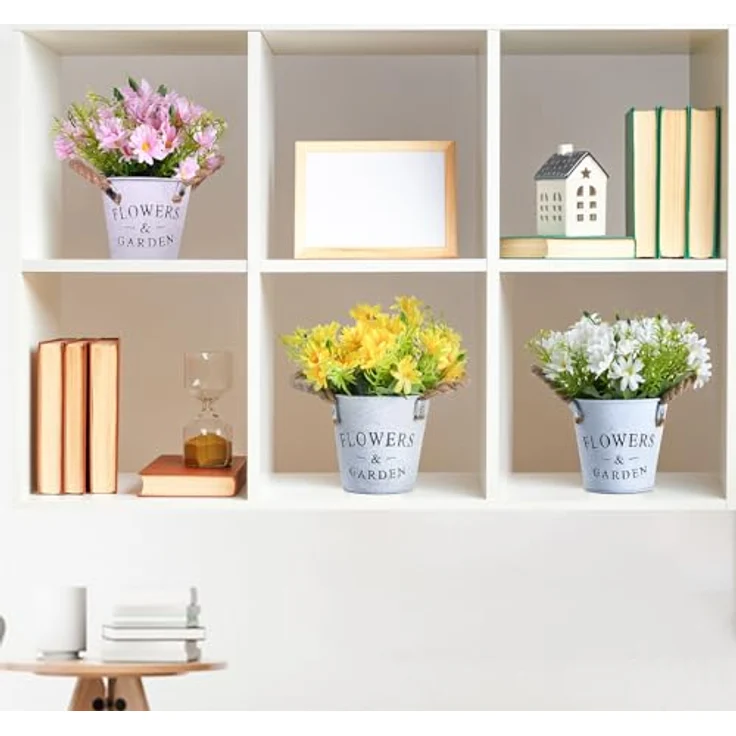 GoMaihe kunstblumen Wie Echt Deko: künstliche Blumen mit Grauem Topf | Kleine Pflanze, Pflegefreie: 9.5 x 13cm , Deko Wohnzimmer Balkon Schlafzimmer Badezimmer Zimmer Tischdeko 3 Stücke – Bild 4