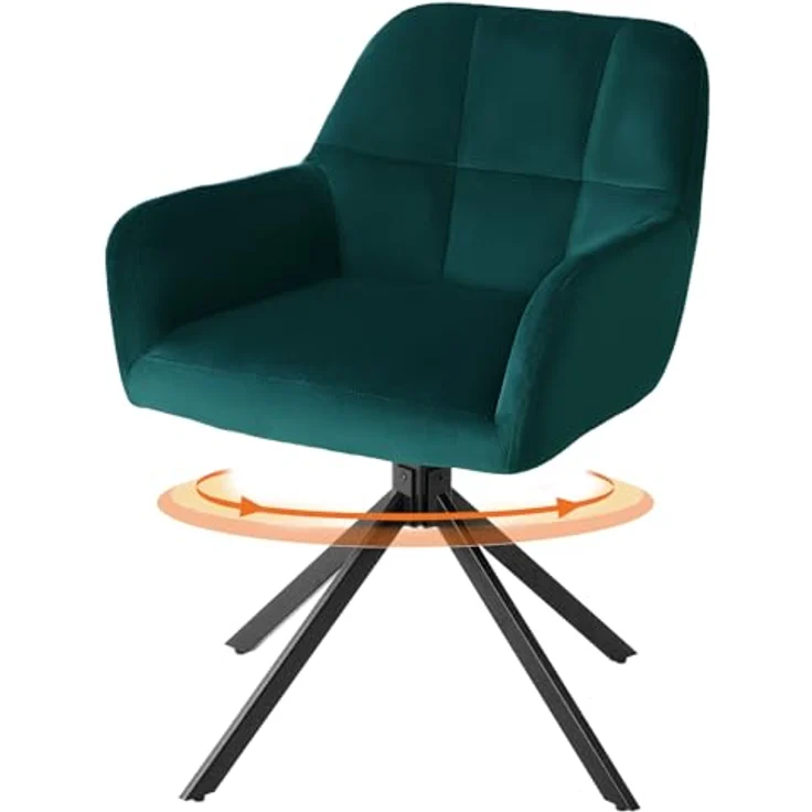 Sweetcrispy Esszimmerstuhl, 360° Drehstuhl Esszimmer, Küchenstuhl, Samt Schminktisch Stuhl, bis 120 kg belastbar, Sessel mit Armlehnen Stahlbeine, Schreibtischstuhl für Arbeitszimmer, Dunkelgrün – Bild 2