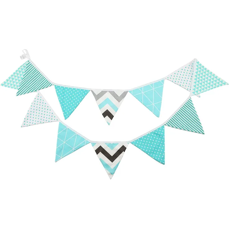 G2PLUS Doppelseitig Wimpelkette Girlande Stoff, 3. 3M Bunte Stoffgirlande Baumwolle Wimpel mit 12stk Stoff Wimpeln für Kinderzimmer Drinnen & Draußen Party-Blau