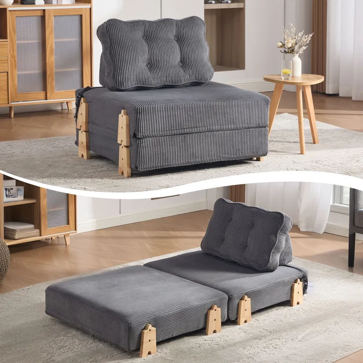 Klappbarer Cord-Schlafsessel mit Massivholzgestell, skandinavischer 1-Sitzer als Gästeliege für kleine Wohn- und Schlafzimmer, Dunkelgrau