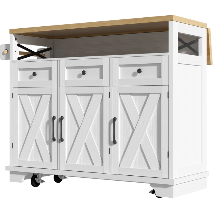 Kücheninsel 118x43-80x98 cm, weißer Küchenwagen mit klappbarer Holzoptik-Arbeitsplatte und Metallrahmen, 98cmx118cmx43-80cm – Bild 8