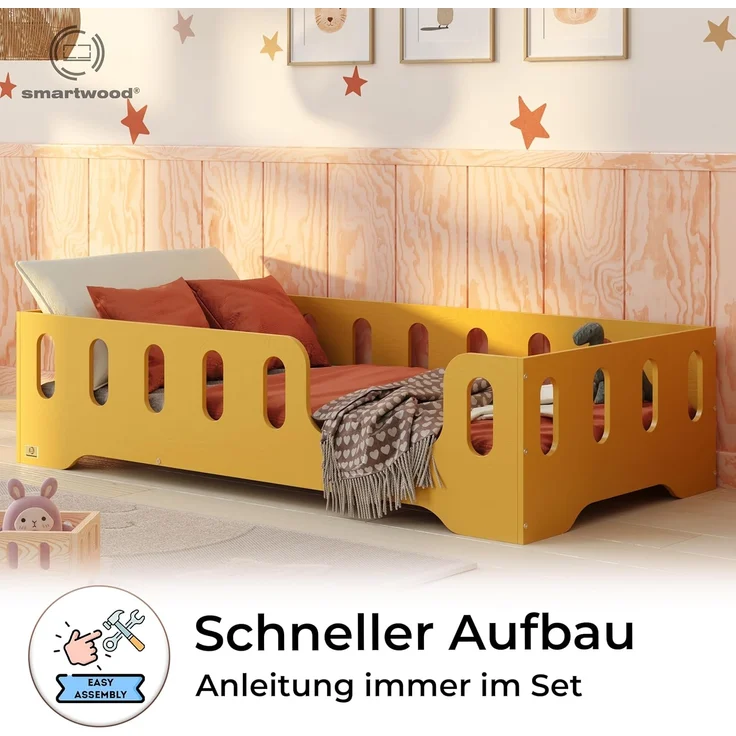 smartwood Kinderbett Bodenbett 120x190 mit Rausfallschutz & Lattenrost - Senfgelb - Kinder Montessori Bett TILA 2P mit glatten Kanten - Betten für schnelle Montage - Bis 300 kg belastbar – Bild 4