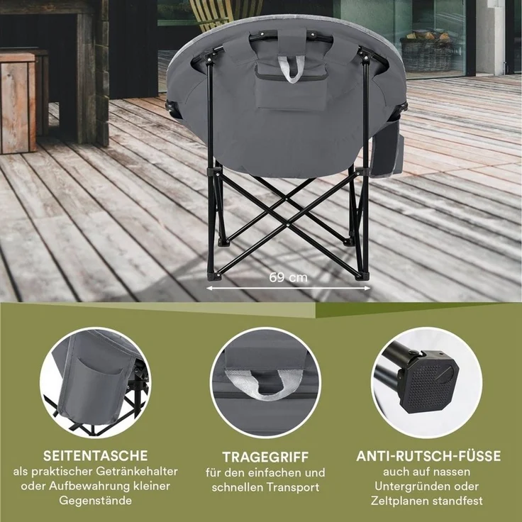 Skandika Campingstuhl Moonchair Sirkka Gartenstuhl, Faltsessel bis 150 kg, klappbar, faltbar, gepolstert, Tragegriff, Kühlfach, Anti-Rutsch-Füße, Mondsessel Camping – Bild 3