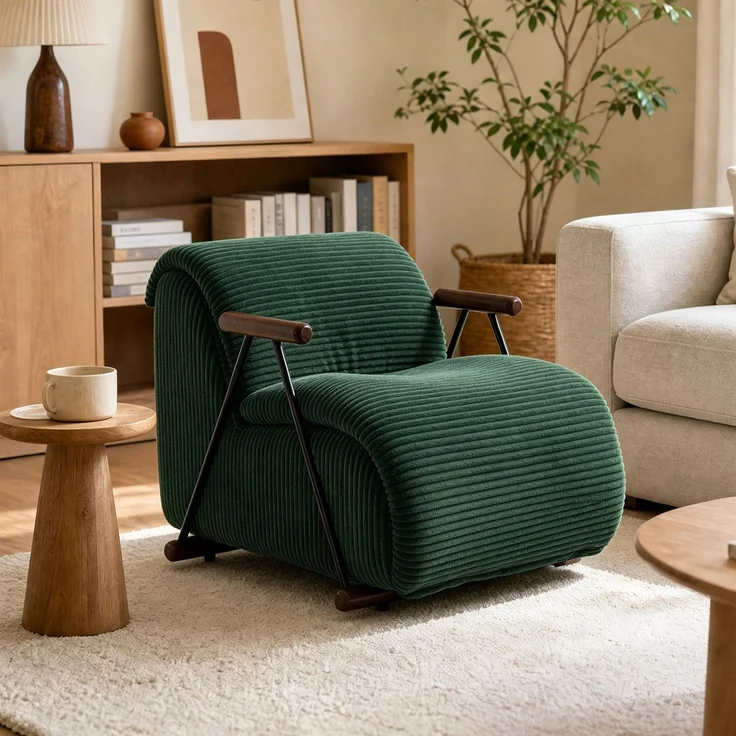 LVHOM Relaxsessel mit Lattenrost, ergonomischer Fernsehsessel, gepolsterter Loungesessel mit Armlehnen, XXL Lesesessel für Wohn- und Schlafzimmer, Cord Grün – Bild 1