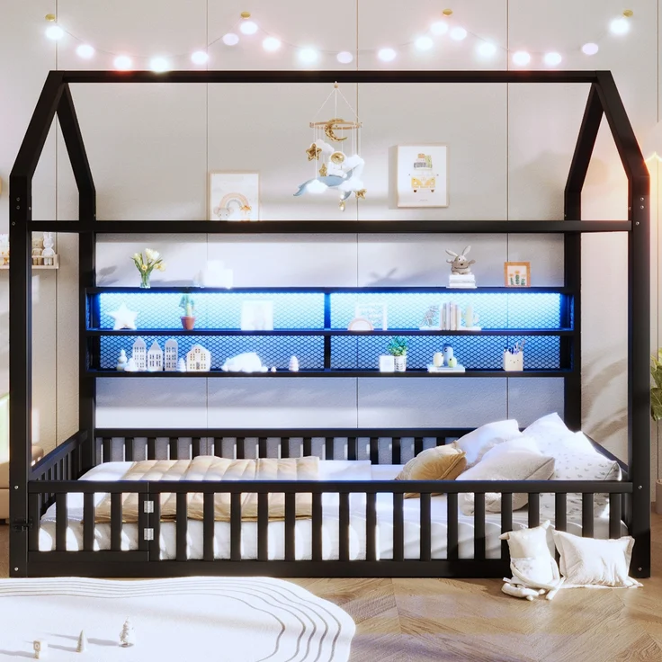 Hausbett mit LED-Beleuchtung, Tür und Regal, 90x200cm, Kinderbett ohne Lattenrost, Einzelbett, Metallbett – Bild 3