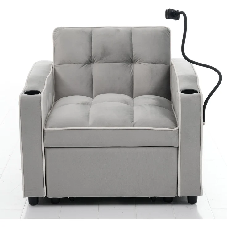 Merax 3-in-1 Ausziehbares Einzel-Schlafsofa – Mit Getränkehaltern und Handyhalter, Sofa-Liegestuhl, Schlafstuhl, Sessel, hellgrau – Bild 9