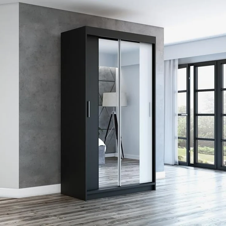Schwebetürenschrank NEO 2-türig Schrank 120 cm (mit Spiegel) Farbe: Schwarz , weiß – Bild 2
