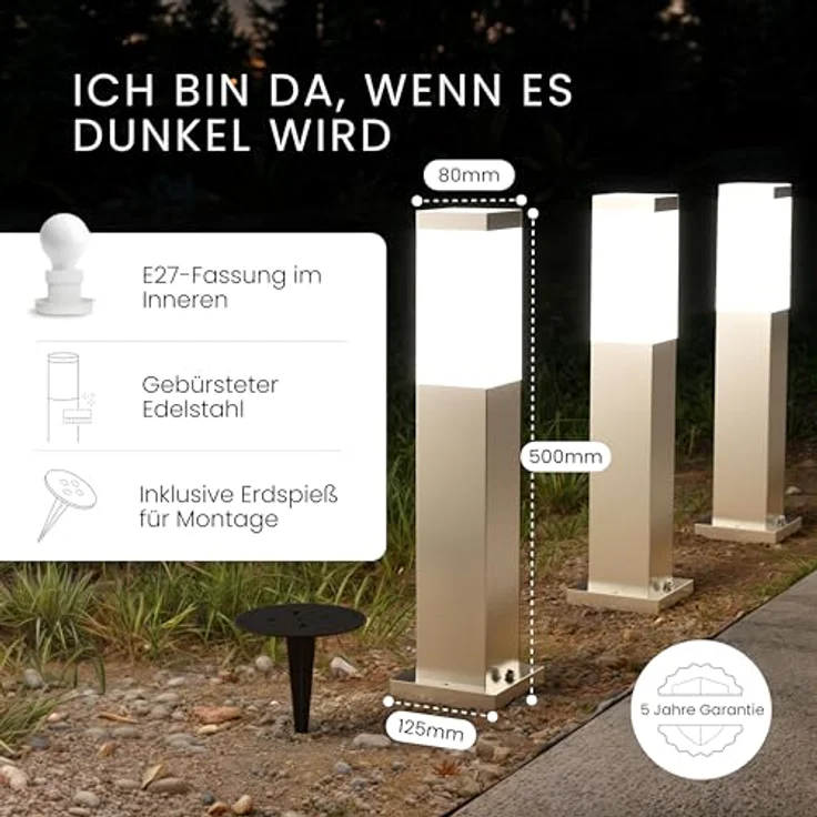 MATO Weglampe Außen mit Erdspieß - E27 Fassung, Höhe 50 cm - Outdoor Pollerleuchte aus Edelstahl IP44 - Wegleuchte, Sockelleuchte, Standleuchte, Gehwegleuchten Außen, Wegbeleuchtung – Bild 3