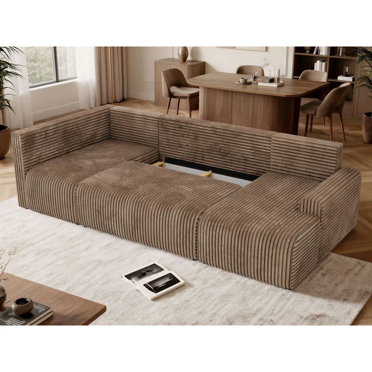 U-förmiges Sofa NESSARO COR U mit Schlaffunktion und Bettkasten, Freistehende Wohnlandschaft, DL-System, Bonellfederkern - Braun Cord - Links Seite – Bild 6