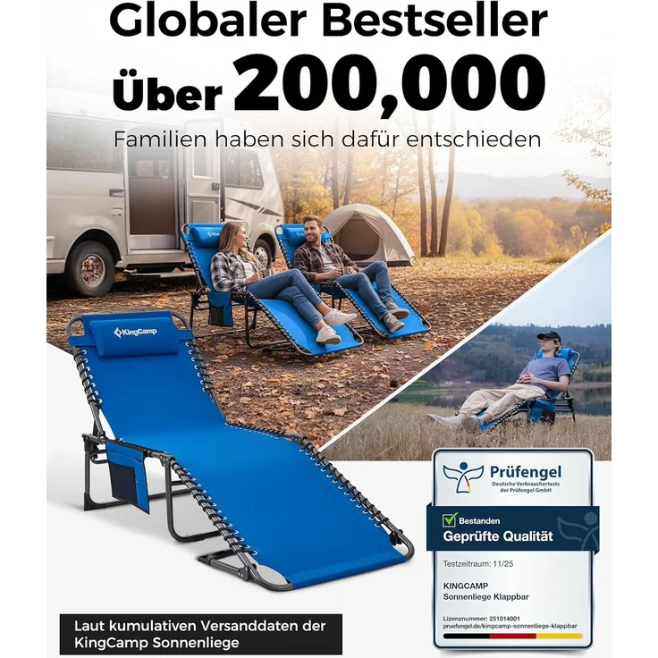 KingCamp Campingliege Sonnenliege Gartenliege klappbar 5-Stufig Verstellbarer Rückenlehne Liege Gartenstuhl Strandliege Camping Klappbett mit Kopfkissen für Garten Urlaub Outdoor Strand Pool – Bild 9