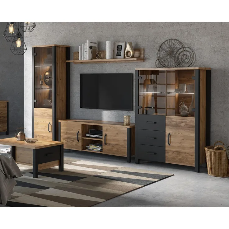 Wohnzimmer-Set ""Olin"" Wohnwand 5-teilig appenzeller fichte schwarz Industrial-Design