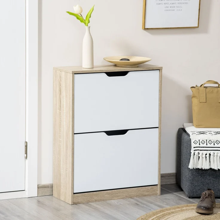 Platzsparender Schuhschrank „Slim“ mit 2 Schubladen für 8 Paar Schuhe, 62,5 x 26 x 81 cm, Holz und Weiß – Bild 3