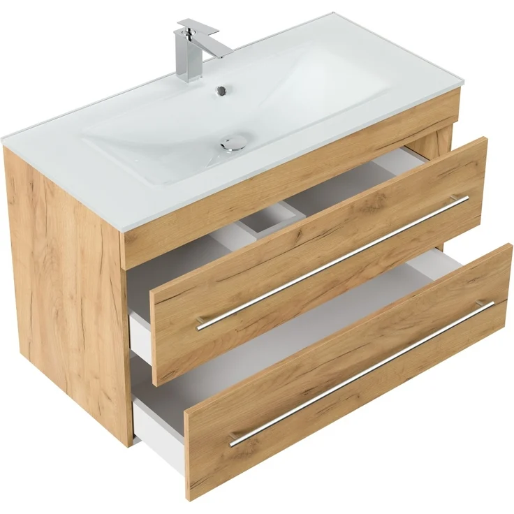 Magnolia Home 'Vitro 1000' mit Glaswaschbecken und Softclose, 60 x 45,5 x 100 cm, Eiche Gold – Bild 2