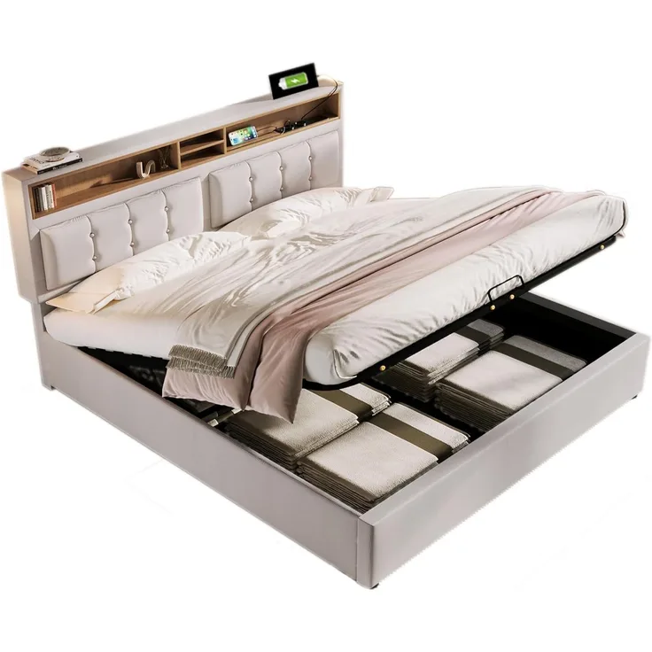 Odikalo Polsterbett Stauraumbett Doppelbett USB Lade Kopfteil Leinen 140/160cm Beige/Grau