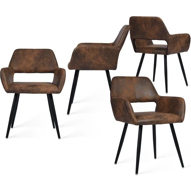 MEUBLE COSY Esszimmerstühle 4er Set Küchenstuhl Polsterstuhl mit Armlehne Sessel aus Vintage Künstlich Wildledersitz Wohnzimmerstuhl Metallbeine, Braun, 56 x 56 x 78 cm