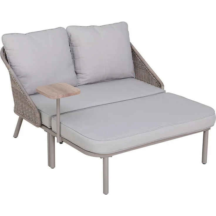 Modante Doppelliege, Grau/Natur, wetterbeständig, UV-beständig, 142x82x128 cm, Gartenliege aus Metall, Kunststoff, Holz und Rattan mit Polyesterfüllung