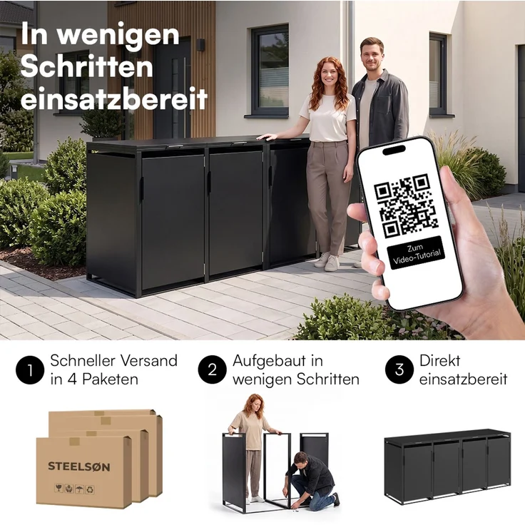 STEELSØN 'Thoria' Mülltonnenbox 4er je 240 Liter, graphitschwarz, Mülltonnenverkleidung aus Stahl, wetterfest, 116x80x268 cm, Müllbox für 4 Tonnen – Bild 10