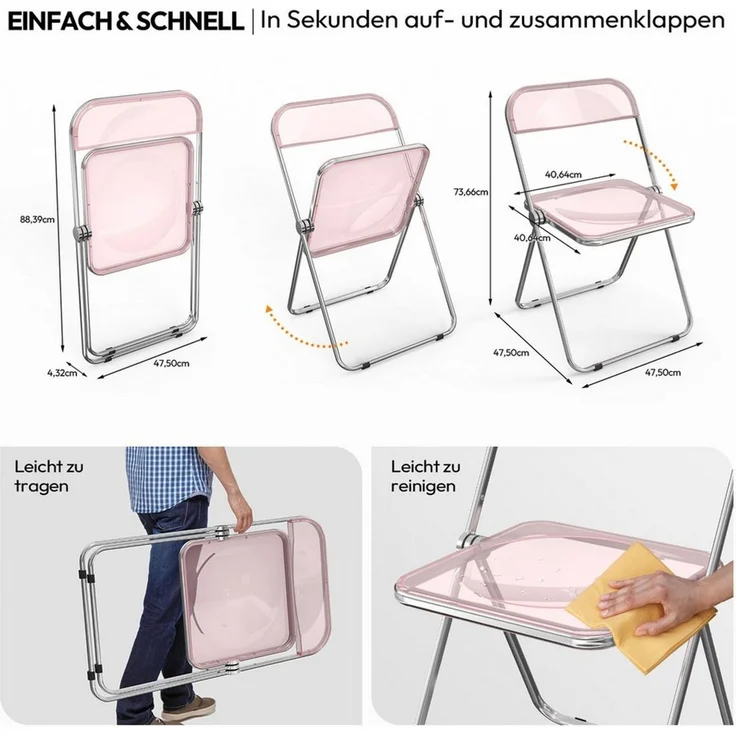 VINGLI Klappstuhl 2er/4er/6er/8er/10/12er Set, Klappstühle aus Metall & Kunststoff (2 St), für Innen- & Außenbereich, bis 159KG, Schwarz/Weiß/Transparent – Bild 2