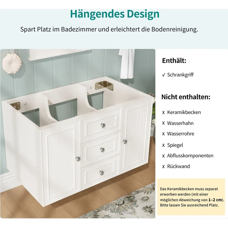Waschbeckenunterschrank, Unterschrank, Waschtischunterschrank, Badezimmerschrank mit 3 Schubladen, viel Stauraum, Hängender Waschtisch, Moderner Stil,Badmöbel für Badezimmer,weiß,78.5×46×46.8cm – Bild 8