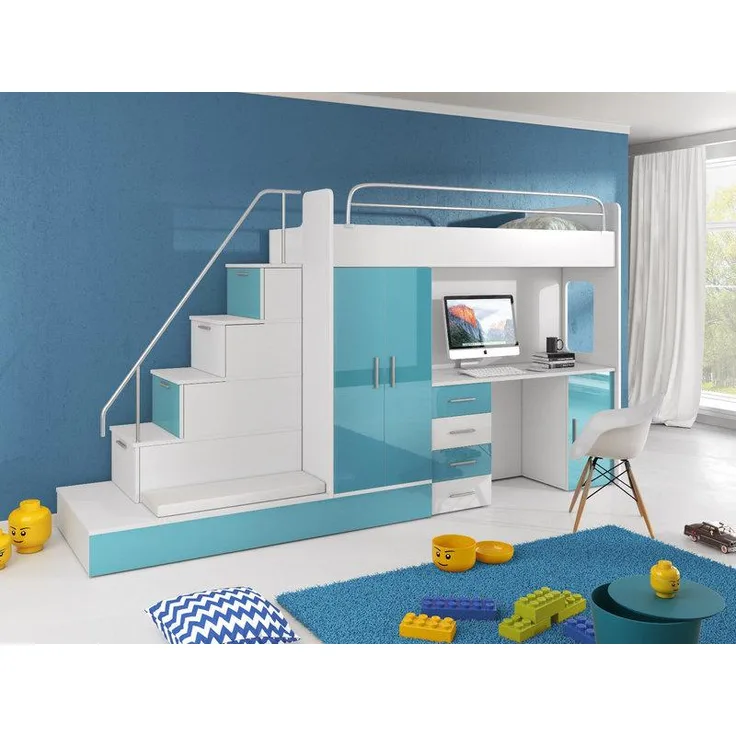DOPPELSTOCKBETT BLAU STOCKBETT BETT KINDERZIMMER ETAGENBETT MIT SCHREIBTISCH