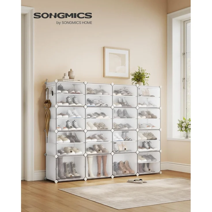 SONGMICS Schuhregal, Schuhschrank, für Garderobe und Eingangsbereich, anpassbar, 16 Fächer, für bis zu 64 Paar Schuhe, wolkenweiß-transparent LPC045WH01 – Bild 2