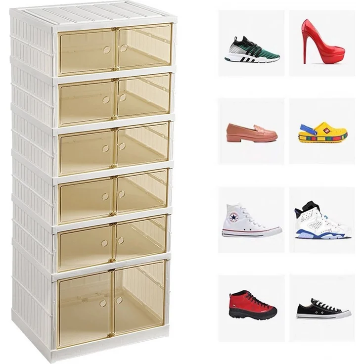 JEOBEST Schuhbox Faltbare Schuhschrank mit transparent Türen, Schuhboxen Stapelbar, (2 St, Weiß - 6 Ebenen)Installationsfrei, Turnschuhe Stöckelschuhe – Bild 4