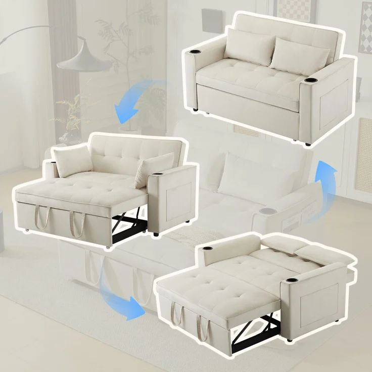 Schlafsofa 2-Sitzer mit verstellbarer Rückenlehne, Samtbezug & Getränkehaltern – Modernes Sofa mit Bettfunktion und Stauraum,Beige – Bild 7