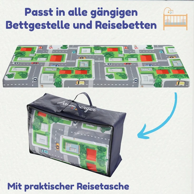 Arensberger Kinderreisebett Matratze 60x120 cm – faltbare Baby- & Kindermatratze mit Stadtmotiv, Nanocell Gelschaum, abnehmbarer Bezug & Tragetasche – Bild 4