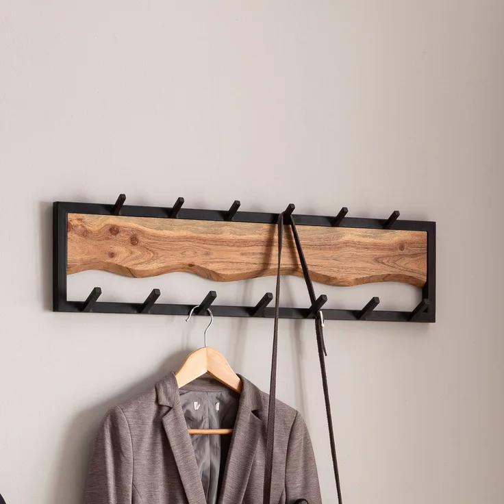 Wohnling Wandgarderobe Akazie Massivholz Metall 80x20x8cm Hakenleiste Wellenmuster