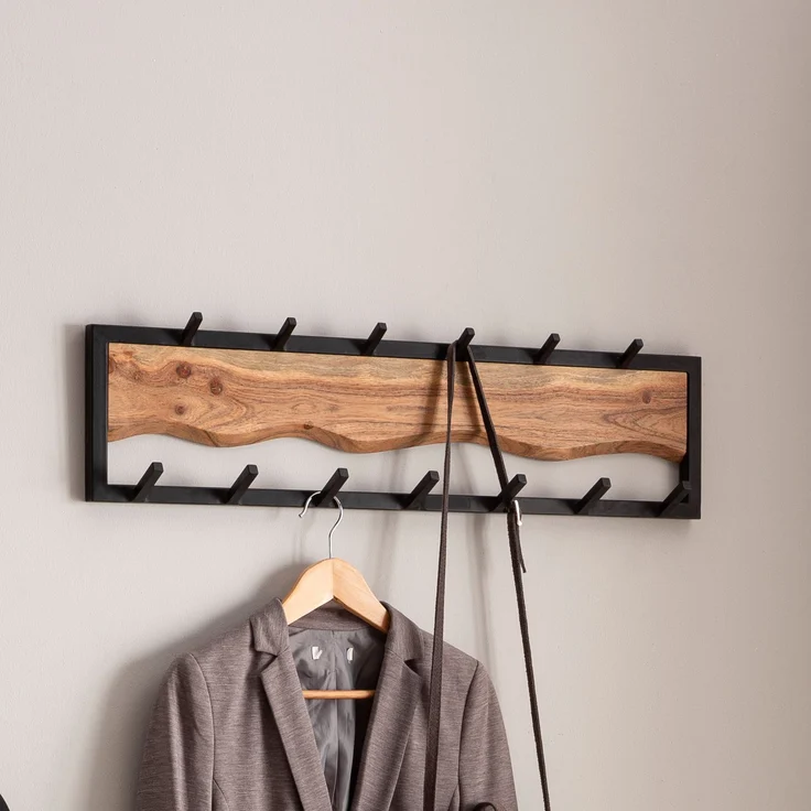 Wohnling Wandgarderobe Akazie Massivholz Metall 80x20x8cm Hakenleiste Wellenmuster – Bild 1