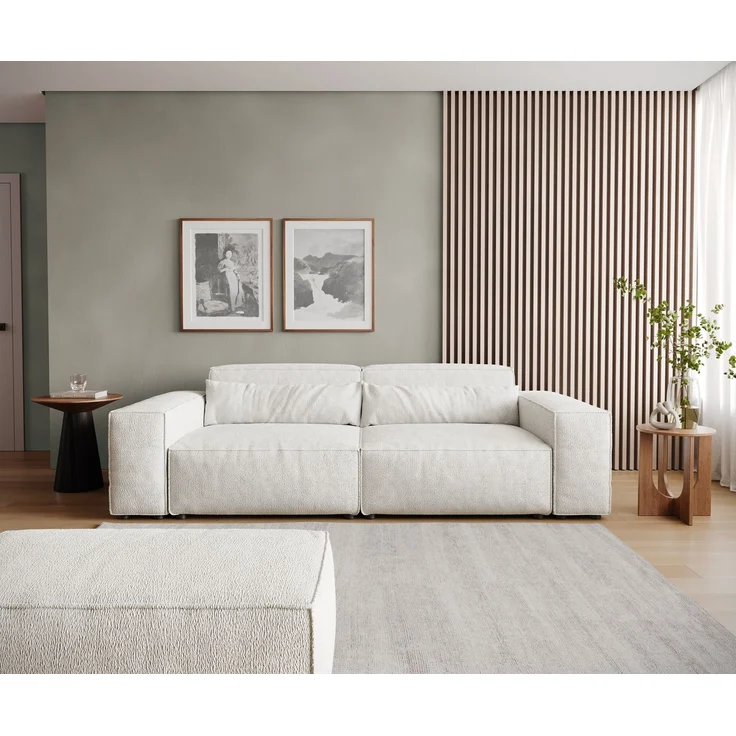 Big-Sofa Sirpio 230x95 cm Bouclé Creme-Weiß mit Hocker – Bild 2
