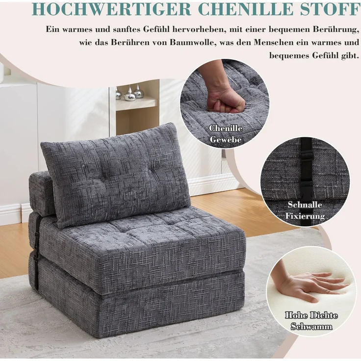 Abrihome Klappbares Schlafsofa mit Rückenlehne, Grau, 79x79x57 cm – Bild 8