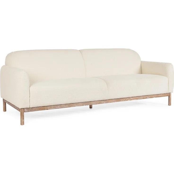 Sofa Detroit aus Bouclè-Stoff, skandinavischer Stil, cremefarben, Eschenholz-Gestell, 3–4 Sitzplätze