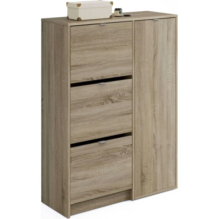 Muebles Pitarch | Eingangsschuhkipper Botero, 25 Paar Schuhe, mit 3 Türen und 2 verstellbaren Regalböden, Eiche Cambrian, 122 x 85 x 37 cm, Modell Trevi