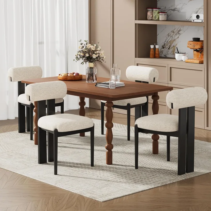 MALOL Esszimmerstühle 4er Set, Polsterstuhl Essstühle mit Holzbein, Mid-Century Modern Stoff Esstisch Stühle mit Fester Rückenlehne für Esszimmer, Küche, Restaurant, Mit schwarzen Beinen, Beige