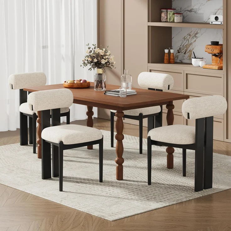 MALOL Esszimmerstühle 4er Set, Polsterstuhl Essstühle mit Holzbein, Mid-Century Modern Stoff Esstisch Stühle mit Fester Rückenlehne für Esszimmer, Küche, Restaurant, Mit schwarzen Beinen, Beige