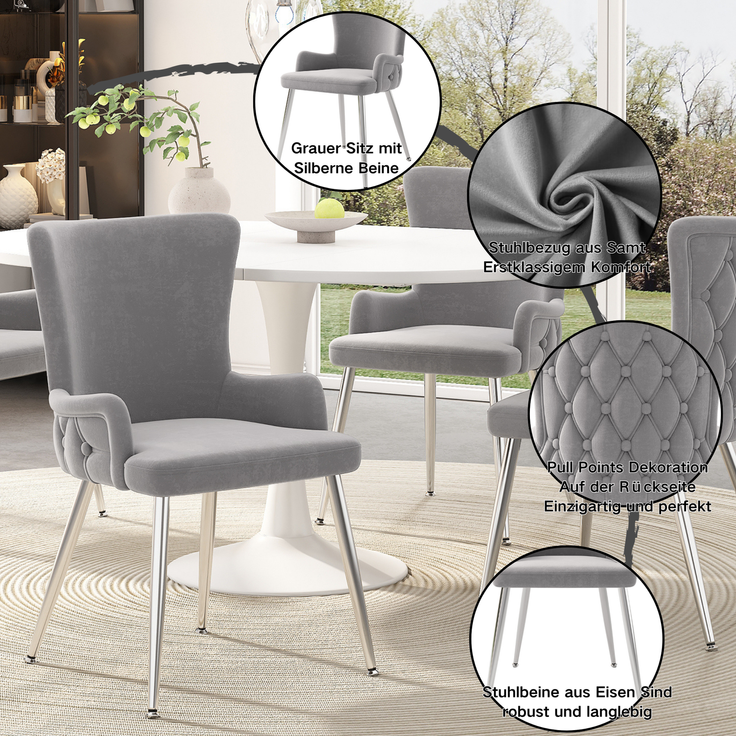Merax Samt-Esszimmerstuhl, 2er-Set, luxuriöser Wohnzimmer-Schlafzimmer-Loungesessel mit vier silberfarbenen Metallstützbeinen, hellgrau – Bild 5