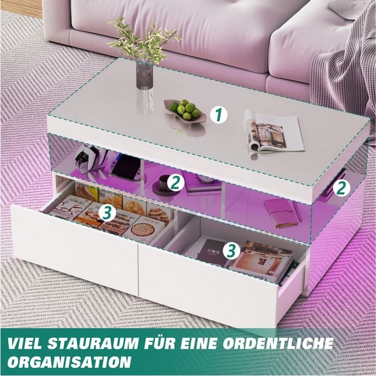 FUROKOY Couchtisch Modern Wohnzimmertisch Hochglanz (Set, 1-St, Beistelltisch mit Versteckter Stauraum und 2 Schubladen), Sofatisch Kaffeetisch, 78 x 78 x 43cm, Weiß – Bild 3