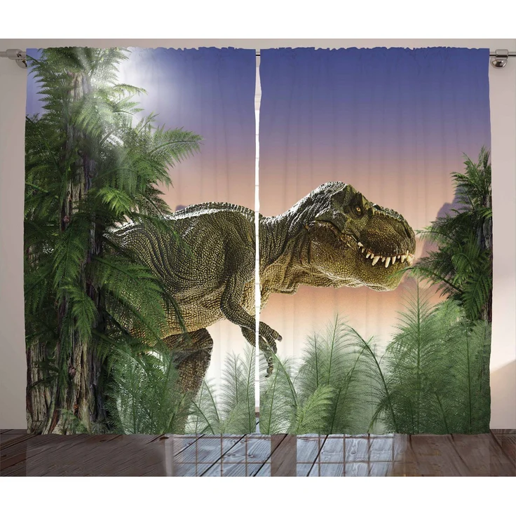 Abakuhaus Gardine Schlafzimmer Kräuselband Vorhang mit Schlaufen und Haken, Jurassic Dinosaurier im Dschungel – Bild 3
