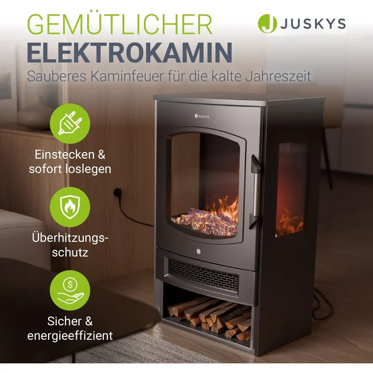Juskys Elektrokamin 1800W – Schwarz, elektrischer Standkamin mit LED-Flammeneffekt, WLAN/App-Steuerung, Fernbedienung – Bild 2