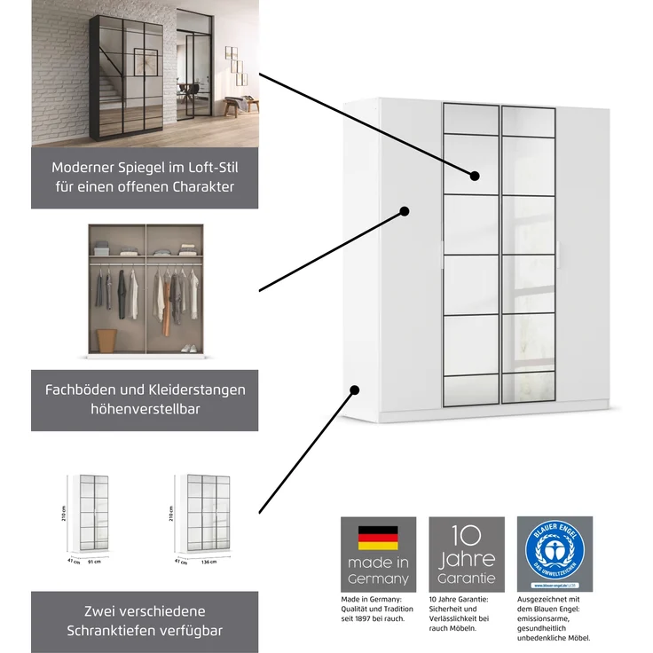 rauch Acero, Garderobenschrank in moderner Loft-Optik, 2-türig, 2 Glastüren, mit 4 Einlegeböden, Farbe Weiß, BxHxT 91x210x41cm – Bild 7
