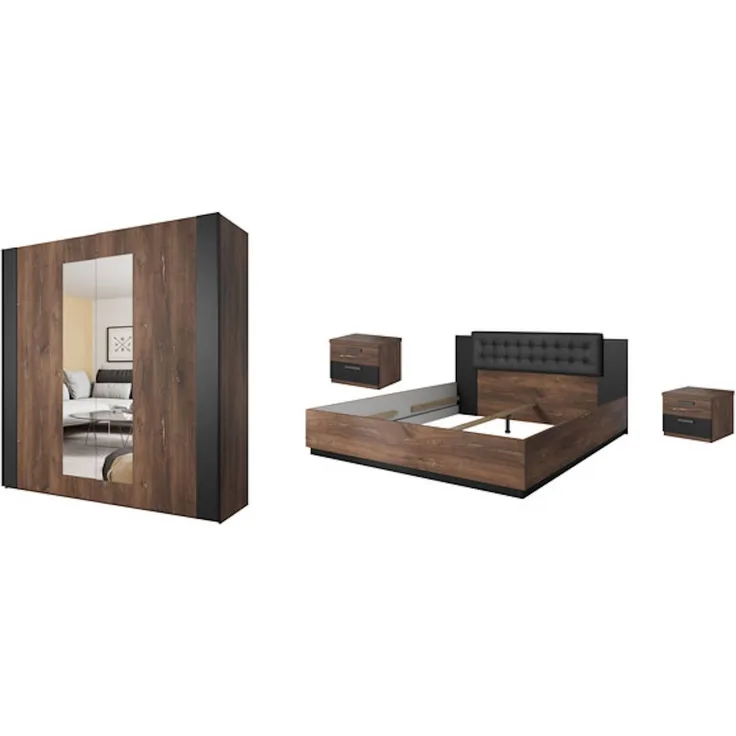 Schlafzimmer-Set komplett Sigma 4-teilig Ausführung Flagstaf Eiche dunkel - kupferrote App. / schwarz