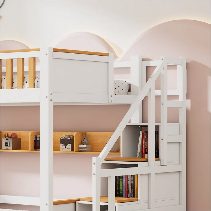 Flieks Etagenbett, Massivholz Kinderbett mit Stauraumtreppe und 2 Schubladen 90x200cm – Bild 3