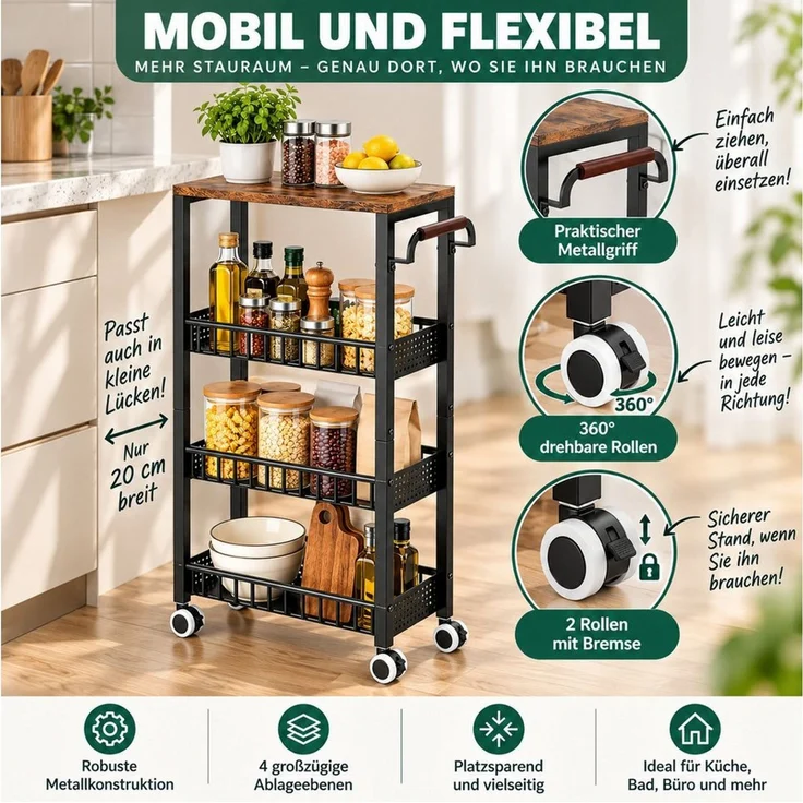 LEMLIT Rollwagen Küchenwagen 4 Etagen Schmal Mit Rollen Und Holzplatte, (1er Set, 1 St, Produktmaße: 40 x 20 x 86,5 cm), 3 Metallkörbe, 2 Bremsrollen, Für Küche, Bad Und Waschküche – Bild 4