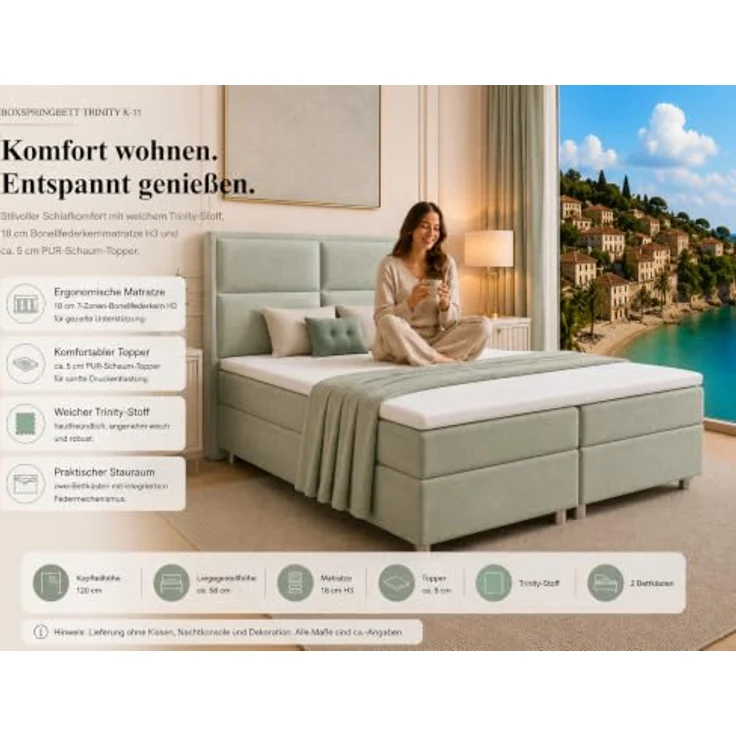 Best For Home Boxbett Trinity K-11, Mintgrün, Boxspringbett mit Bettkasten, 180x200 cm, Höhe ca. 18 cm – Bild 7